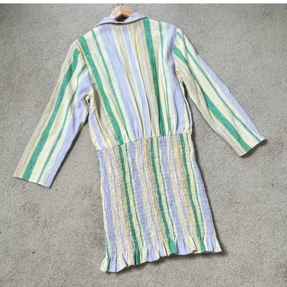 Zara Mini Dress Shirred Skirt Pastel Stripe Long Sleeve Cotton Mini Dress Large - Picture 4 of 15